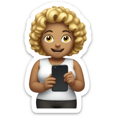 overweight curl blondie woman happy with a smartphone in hands showing charts sticker