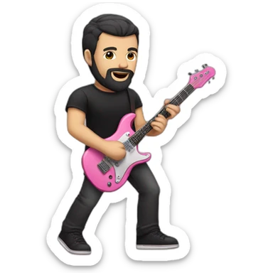 white man with dark beard and black t shirt and pink electric guitar sticker
