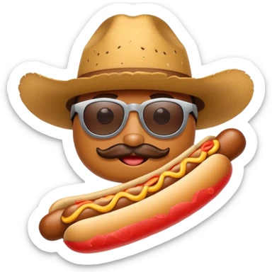 A hotdog with sunglasses and a cowboy hat sticker