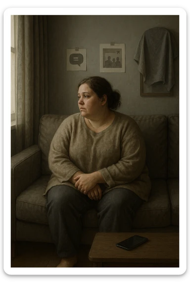 Donna tra i 30 e i 40 anni seduta sola su un divano, con espressione malinconica e corpo visibilmente appesantito. Indossa abiti larghi, avvolgenti, e guarda fuori dalla finestra mentre il telefono è spento o con notifiche ignorate accanto a lei. Sullo sfondo, si notano segnali di vita sociale assente: messaggi non letti, inviti ignorati, foto di gruppo a cui non partecipa. L’atmosfera è silenziosa, con luce grigia e ambiente spento. Intorno a lei, simboli di ritiro e insicurezza: tende chiuse, specchio coperto, postura chiusa. Stile realistico, tono delicato ed emotivo sticker