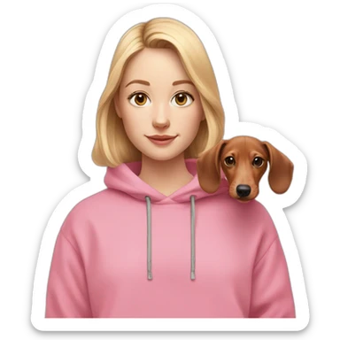 white girl with light eyes and dachshund puppy with pink oversized sweatshirt sticker