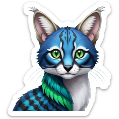 Colorful dark tropical cobalt-blue, black, white fur, with green eyes, iridescent glorious divine exotic cute cool beautiful shiny beautiful fantasy-caracal-civet-genet-sergal-vernid-Cacomistle-Furret-civet-oncilla-animal-Fakémon-hybrid-fursona with pattern markings (full body) sticker