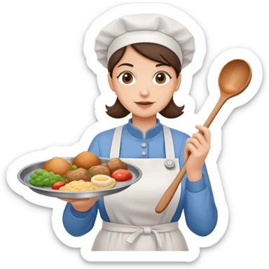 lunch lady holding a ladle and a tray with gross food, cartoonish sticker