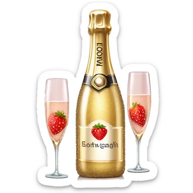 Realistic sparkling diamond glam bottle of champagne with matching skinny glass filled with the champagne with strawberry in the bottle of glass. sticker