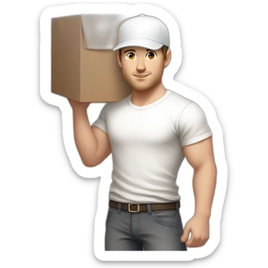 Pale skinned fit Man with dark brown hair in a light gray cap, dark brown jeans, brown polo and white T-shirt keeping a pasted with tape white box into his hands sticker