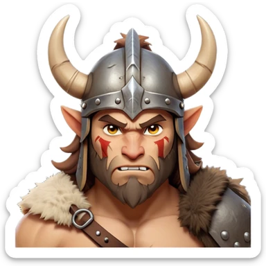 Clash of Clans aesthetic: Cinematic Fierce Barbarian Portrait Emoji, Poised and bold with a rugged yet cartoonish build in tattered furs and a horned helmet, his face rendered in a natural skin tone (not yellow), expressive bright eyes and a confident smirk, Simplified yet dynamic features, highly detailed, glowing with a vivid, adventurous aura, high shine, heroic and spirited, stylized with an air of medieval warrior charm, focused and energetic, soft glowing outline, capturing the essence of a fearless barbarian adventurer ready to lead his clan with spirited valor! sticker