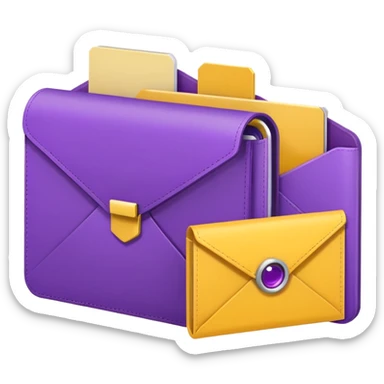 simple, minimalistic yellow (hex#FFD008) and purple (hex#8C52FF) icons of a pin, a working case, a folder, a magnifier, an email, an envelope sticker