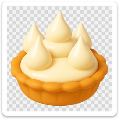 Frame 6 of 15: Cream pie with five cream droplets, playful 3D emoji style, golden brown crust, same angle as reference sticker