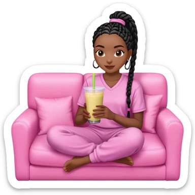 A dark-brown-skinned Black woman with black box braids, sitting on a pink couch, holding a smoothie cup with a straw, and looking relaxed. She’s wearing comfy loungewear in a cozy setting. sticker