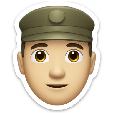 face with small, thin mustache, dark hair combed to the side, prominent eyebrows, brown eyes, a large nose, a square chin, a pale complexion, wearing a military shirt and no hat sticker