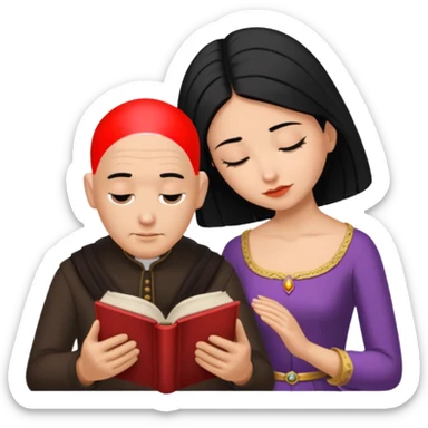 Bald headed man bowing to a black haired queen, while she read a book sticker