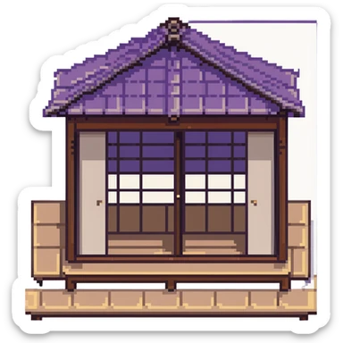 traditional Japanese house with wooden structure, sliding shoji doors, and tatami mat flooring sticker