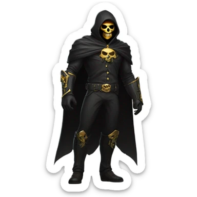 Bounty Hunter Boss with black cape and a gold skull mask from death Stranding, full body view sticker