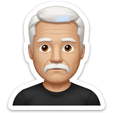 White haired muscled adult man with a black t-shirt. He has white beard with a short goatee. Dark brown eyes and some wrinkles. sticker