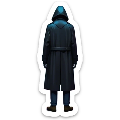 Movie Poster: A tense, gripping design with dramatic lighting. Shadows loom, and ominous shapes emerge from the mist. Suspenseful and cinematic atmosphere.  Include a mysterious figure in a dark coat standing in a rain-soaked alley, with glowing neon signs in the background. Transparent background. sticker