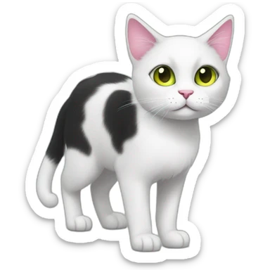 young black and white cat walking side with round green yellow eyes, a pink nose, the white fur on his face only goes under the eyes to the bottom of his face, whispy tips on ears sticker