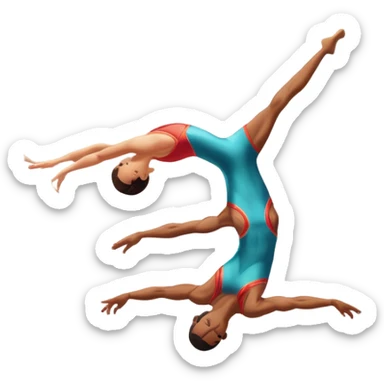 Two acrobats performing a dynamic mid-air flip, showcasing strength and balance. One is supporting the other in an elegant aerial position. The background features an indoor gym with bright lighting, a professional atmosphere, and a slight blur of the audience in the distance sticker