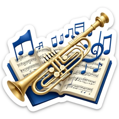 Create an elegant and refined emoji that represents orchestration and arrangement. The design should feature a musical score or sheet music with various orchestral instruments like a violin, a trumpet, and a grand piano subtly integrated into the composition. Add a conductor's baton, symbolizing the guiding hand of orchestration, and flowing musical notes that move between the instruments. Use rich, classic colors like gold, silver, and deep blue to evoke the sophistication of orchestral music. The background should be transparent, with a touch of intricate details to represent the complexity of orchestration. sticker