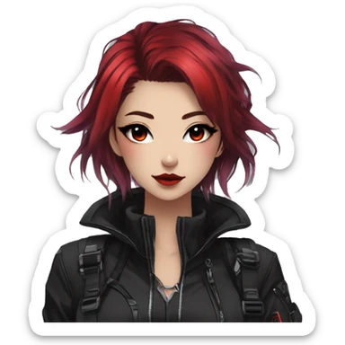 Gorgeous techwear anime style lady with blushing face aesthetic and pretty edgy black red punk hair with hair garment and collar  and harness trending style sticker
