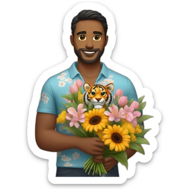 Tiger-man-with-a-Napoli-shirt-and-a-flowers-bouquet-in-his-hands sticker