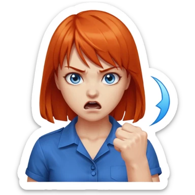 A woman with dark orange hair and bangs, blue eyes, an asmr streamer, angry, clenching his fist sticker
