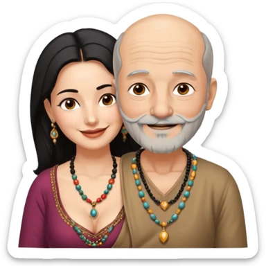 I want an old man with balding and grey beard  wearing no jewelery and a woman in her 40s with dark black hair parted in indian woman style wearing a beads chain  with the cleavage of the woman visible in a passionate embrace, both must be blissfully smiling sticker