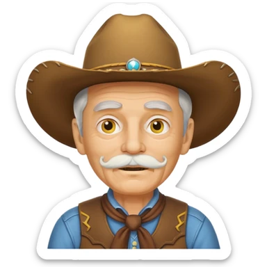 elderly cowboy with white mustache skateboarding, yellow face, playful, classic western attire, android emoji style sticker