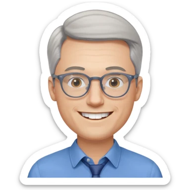 30 yr old pale white man, grey side swept hair, round glasses, big smile, white teeth, handsome, longer hair, thin glasses, blue dress shirt sticker