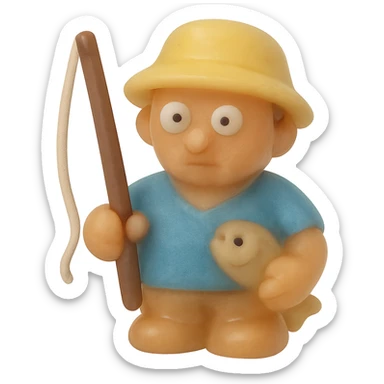 Make the fisherman much more transparent and match the exact retro 90's toy style of the previous ocean animal emojis. Use natural colors (tan skin, blue shirt, yellow hat), derpy eyes, no tag, no background. Soft plastic, soft reflections, soft and squishy, some cloudiness, not shiny, highly detailed, appealing. The style should resemble retro 90's soft plastic toy style with soft reflections and cloudiness, not shiny. sticker