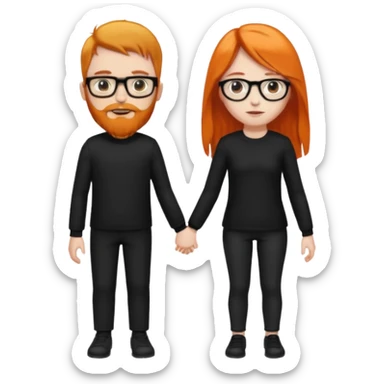 girl with long orange hair wearing no glasses and all black clothes and holding hands with boy with black hair and beard and glasses and pale skin sticker