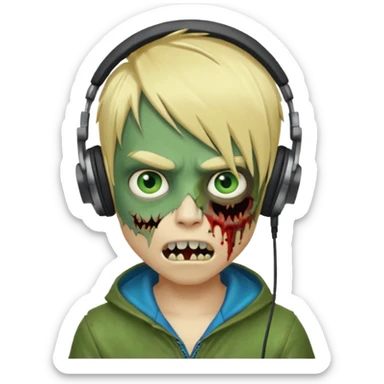boy zombie whit blonde emo hair and eyes blue and GREEN SKIN and heandphones AND A MICROFONE AND GOLD TEETH and agesive face sticker