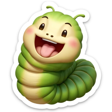 Cinematic Adorable Yawning Caterpillar Portrait Emoji, Head tilted slightly with a dramatic, wide-open yawn, showcasing a plump, segmented body with softly drooping edges and sleepy, half-closed eyes, Simplified yet irresistibly cute features, highly detailed, glowing with a soft, cozy natural glow, high shine, relaxed yet expressive, stylized with a dash of whimsical transformation charm, soft glowing outline, capturing the essence of a drowsy caterpillar that appears ready to stretch and yawn its way out of the screen! sticker
