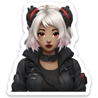 Gorgeous dark techwear anime style lady with blushing face aesthetic and pretty edgy black red punk messy hair with collar and harness trending style sticker