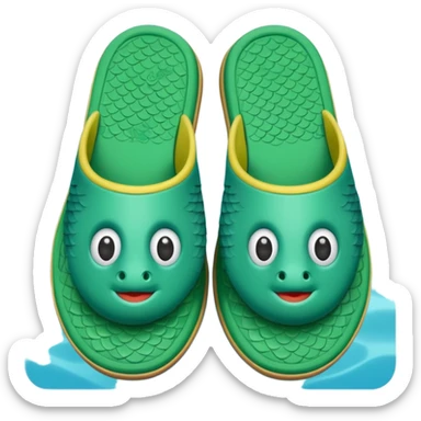 slightly green rubber pool slippers with carp eyes on the top and fish tail in the back sticker