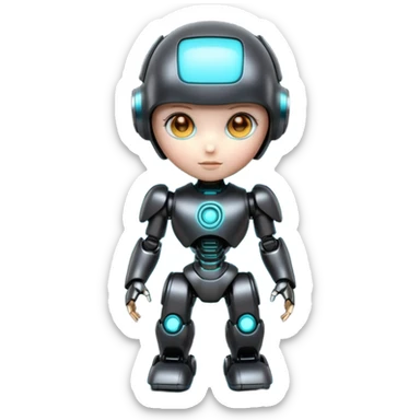 Cute futuristic chibi humanoid robot with large rounded head, add text on chest "LMX". glossy black and grey metal body, glowing cyan and amber eyes, visible joints, confident pose, white background, high-detail 3D render,  sticker