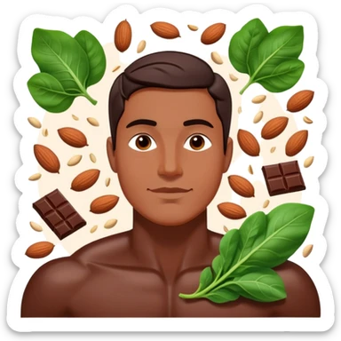 Relaxed male figure surrounded by floating foods: large pieces of shiny dark chocolate prominently displayed, with spinach leaves, almonds, and seeds. Soft light connecting these magnesium-rich foods to muscles and nervous system, showing a soothing effect on the man's body. sticker