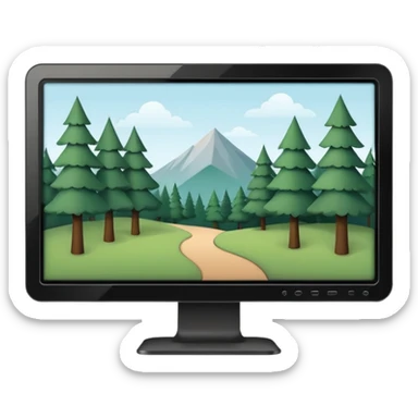 Minimalistic flat vector icon, iOS style, thin black contour on white background. Computer monitor with a simple forest scene on the screen (trees, minimal landscape). Clean, no text, no shadows sticker