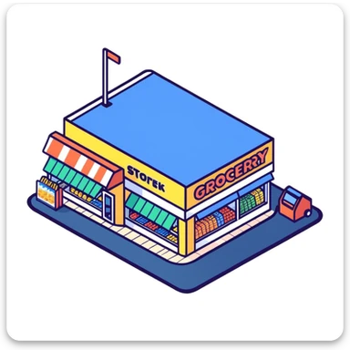 Isometric grocery store with shoppers, food shelves, and checkout area sticker