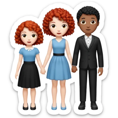 crie uma figurinha com uma família de três uma mulher branca de cabelo  cacheado curto vermelho um homem branco de cabelos preto e uma menina branca de cabelos cacheados preto sticker