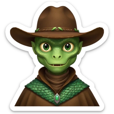 Portrait of a reptilian alien cowboy with textured scales, slit pupils, sharp jawline, dark brown cowboy hat, leather poncho, intense gaze, warm desert lighting, hyper realistic, shallow depth of field, cinematic western atmosphere
 sticker