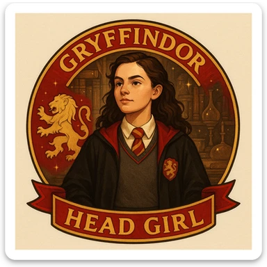 A badge featuring a confident head girl from Gryffindor, inspired by Harry Potter. The badge includes Gryffindor colors scarlet and gold, a lion emblem, and a girl in a school uniform evoking a magical, academic atmosphere. sticker