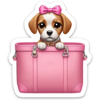 Cute puppy with pink bow on head in Gucci carrier  sticker