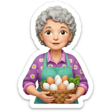 elderly rural woman, chubby and kind, short curly gray hair, floral blouse, colorful apron, holding basket of farm produce eggs garlic herbs, soft pastel colors, large expressive eyes, rural Chilean kitchen with wooden elements and clay pots, warm lighting, highly detailed clean vector style sticker