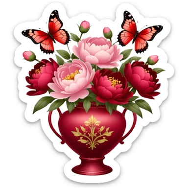 Delicate butterfly with Ruby and Wine Red wings perched on a Fiery Red bouquet of Peonies in an elegant Pastel Rose vase, bathed in warm, soft lighting. sticker