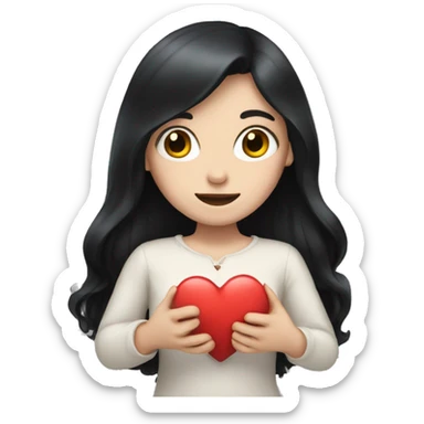 Pale girl with long black hair holding heart in her hands  sticker