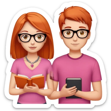 brunette girl with hazel eyes drinking latt, hair just below shoulder length and wearing a pink shirt, also with a necklace. Put her with her boyfriend who has orange/red hair, black glasses, and is taller than her. He needs a book in his hand  sticker