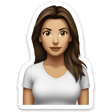 3/4 face, contrasted, shadow, light, Eva Longoria expression, standing from a distance, thin nose, brunette woman, hazel eyes, long eyelashes, dark shoulder shaded hair, white t-shirt, jeans, white sneakers sticker