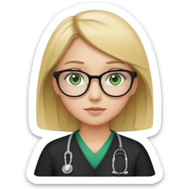 A girl in black scrubs with a blonde bob and glasses no stethoscope green eyes sticker