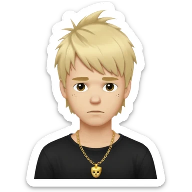 make a iphone emoji who is a white man that looks young with messy blonde medium hair with bangs, and a black punk shirt and a golden neckless sticker