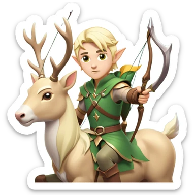 clash-of-clans-aesthetic-blond-male elf-archer-portrait-emoji, rendered in a flat, vector-style with minimal shading and bold, simplified shapes, head tilted slightly forward with a determined, focused expression, riding a majestic white stag whose antlers glow with mystical energy, set against an ancient, enchanted forest backdrop. sticker